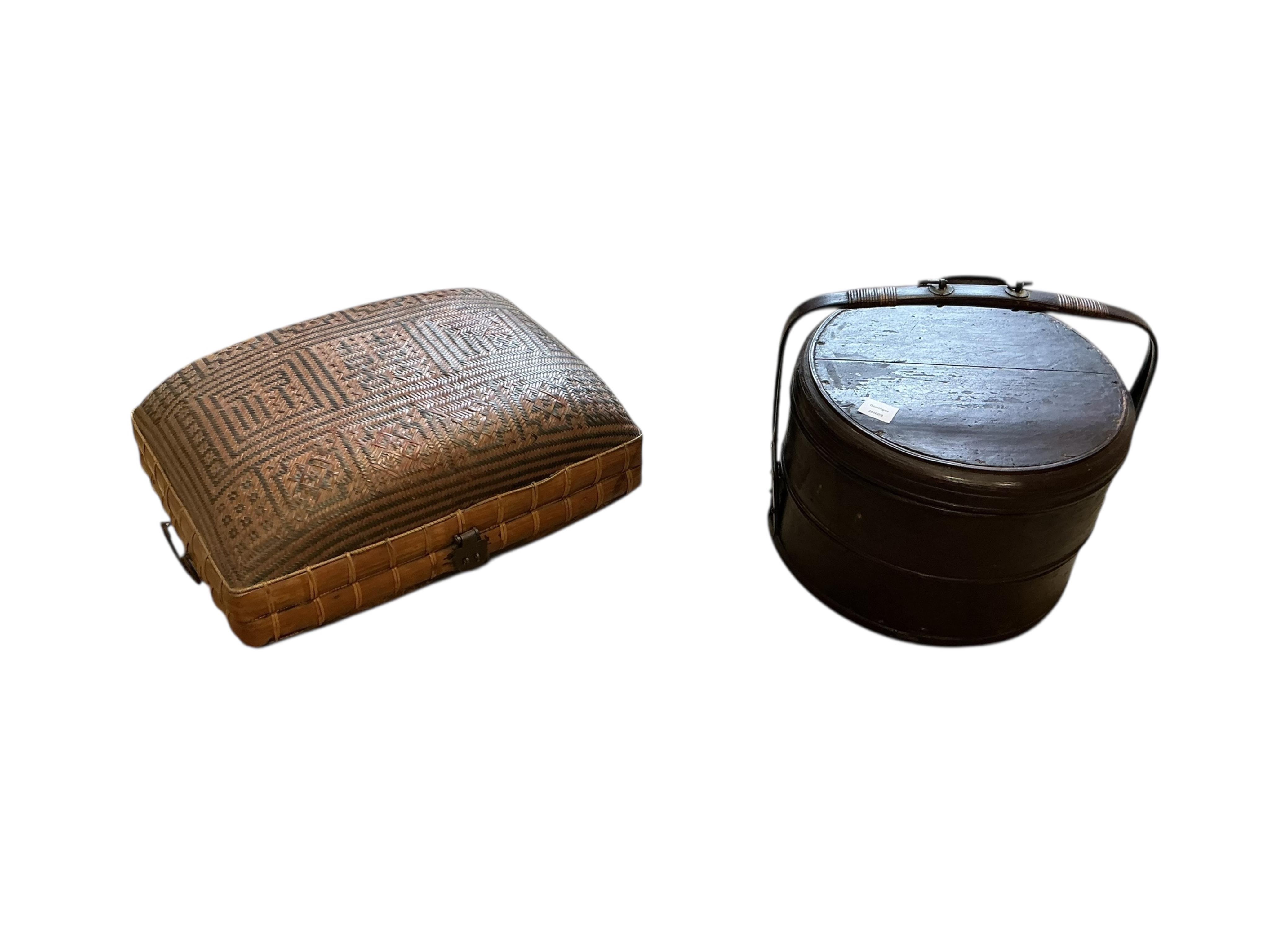 A Chinese rectangular bamboo and rattan box, width 56cm, depth 40cm, height 26cm together with a Chinese circular sectional box
